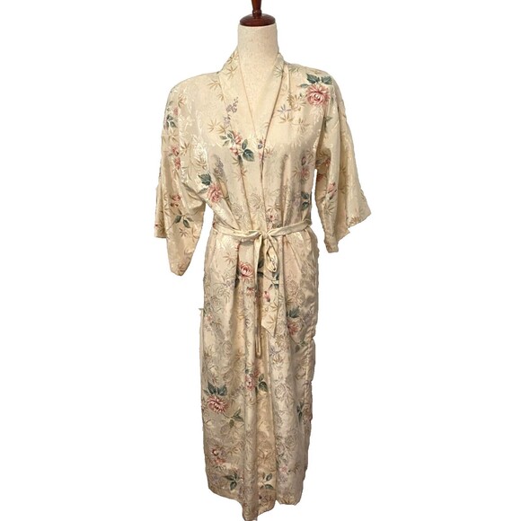 Vtg INNER MOST Floral SATIN House Coat ROBE Long Women's Small USA Made Ivory - Picture 1 of 10